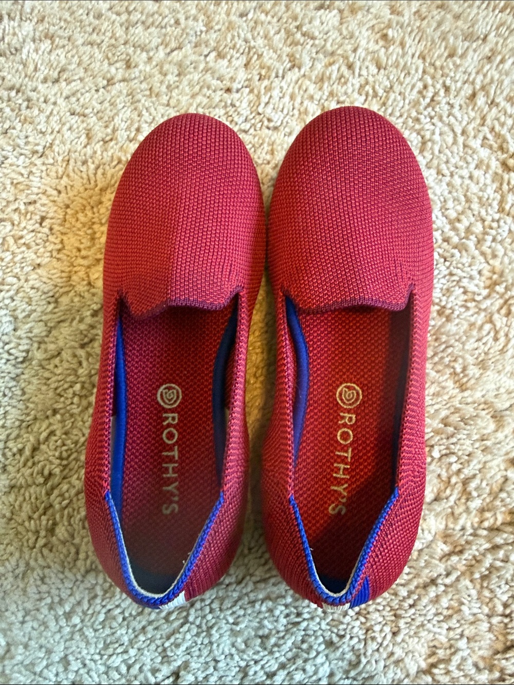 Rothy's kids Red Knit Slip-Ons with Blue Trim